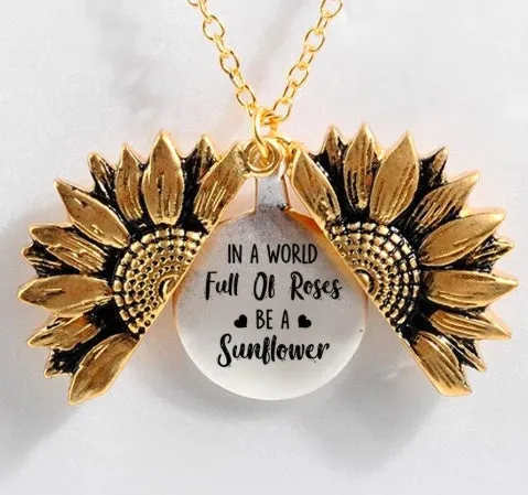 Sunflower double-layer lettering alloy pendant necklace with flower open and close design in gold finish