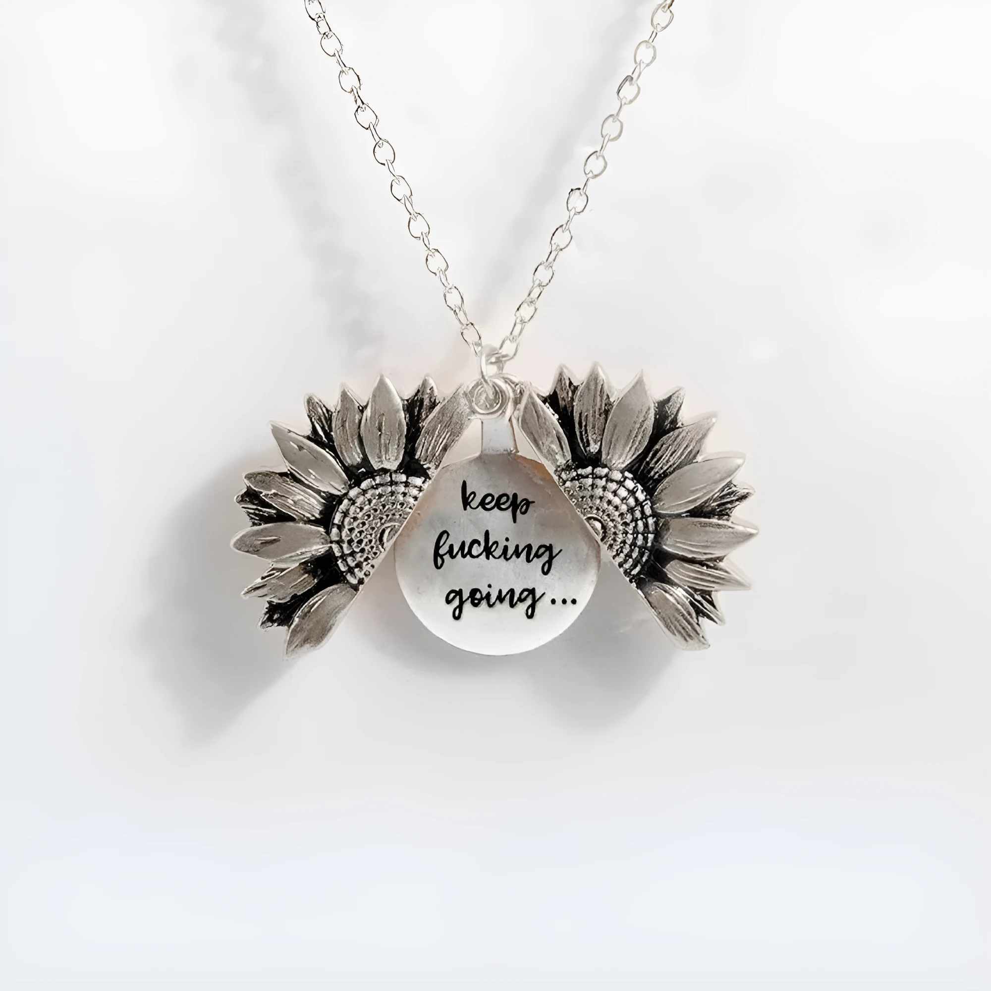 Sunflower double-layer lettering alloy pendant necklace with flower open and close design in gold finish