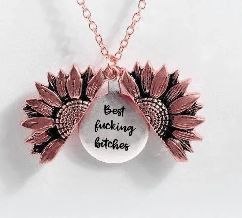 Sunflower double-layer lettering alloy pendant necklace with flower open and close design in gold finish