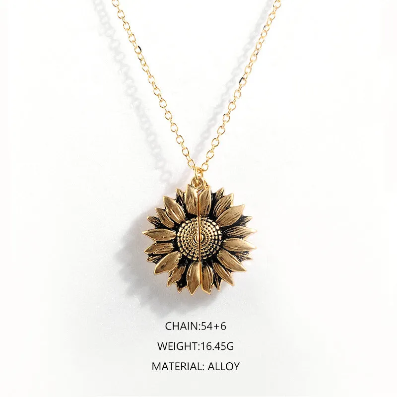 Sunflower double-layer lettering alloy pendant necklace with flower open and close design in gold finish