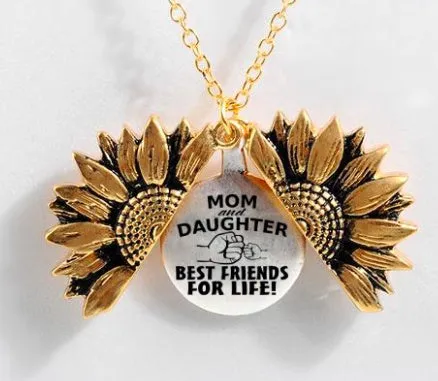 Sunflower double-layer lettering alloy pendant necklace with flower open and close design in gold finish