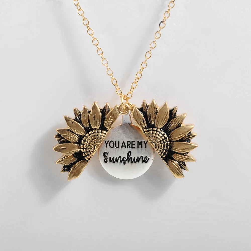 Sunflower double-layer lettering alloy pendant necklace with flower open and close design in gold finish