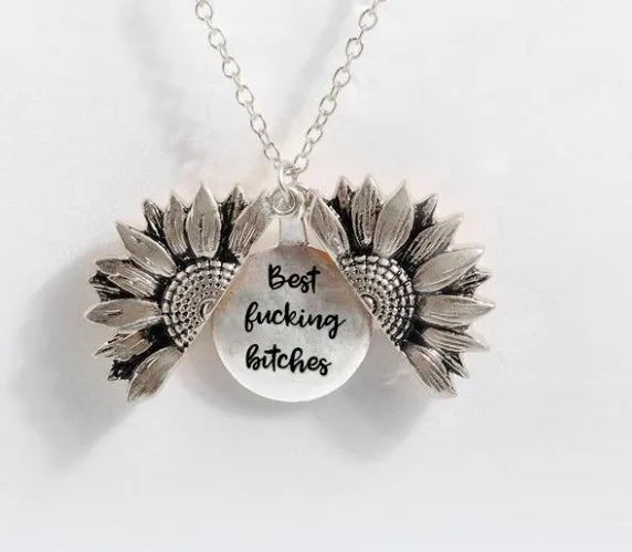 Sunflower double-layer lettering alloy pendant necklace with flower open and close design in gold finish