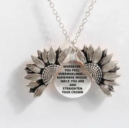 Sunflower double-layer lettering alloy pendant necklace with flower open and close design in gold finish