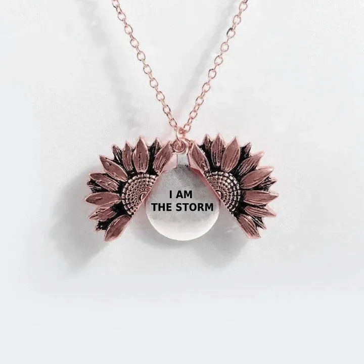 Sunflower double-layer lettering alloy pendant necklace with flower open and close design in gold finish