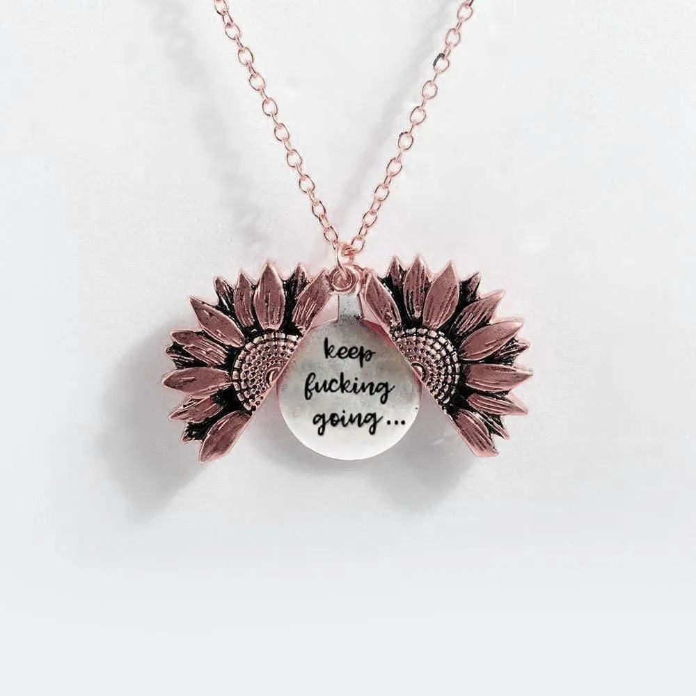 Sunflower double-layer lettering alloy pendant necklace with flower open and close design in gold finish