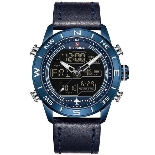 NAVIFORCE 9144 gold-tone men's analogue digital watch with leather strap on wrist showing dual time display
