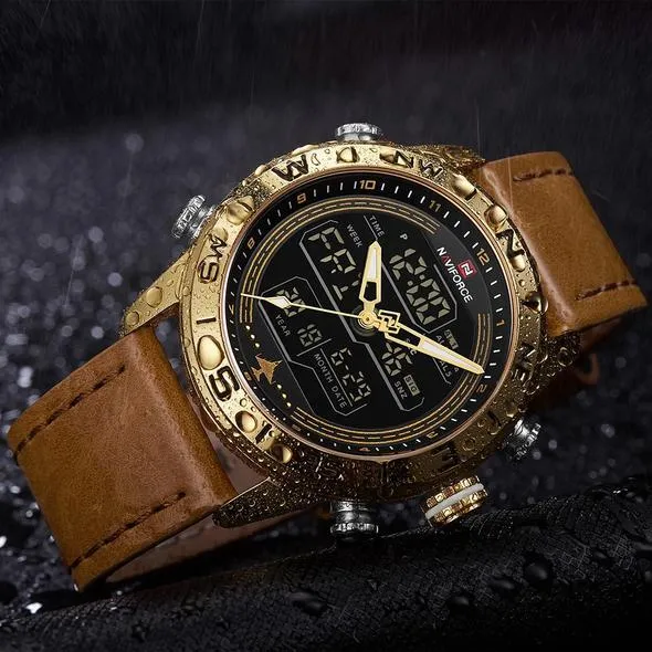 NAVIFORCE 9144 gold-tone men's analogue digital watch with leather strap on wrist showing dual time display