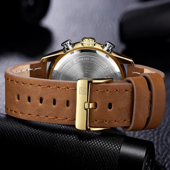 NAVIFORCE 9144 gold-tone men's analogue digital watch with leather strap on wrist showing dual time display