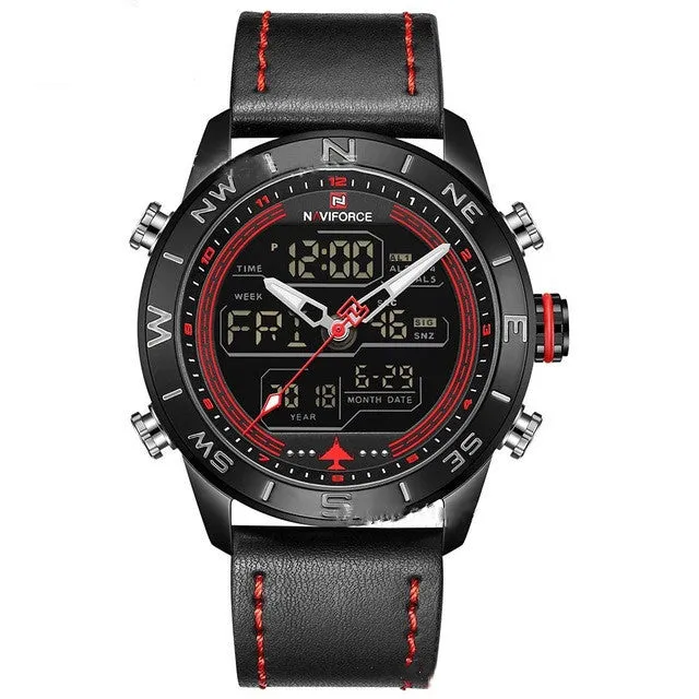 NAVIFORCE 9144 gold-tone men's analogue digital watch with leather strap on wrist showing dual time display