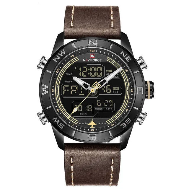NAVIFORCE 9144 gold-tone men's analogue digital watch with leather strap on wrist showing dual time display