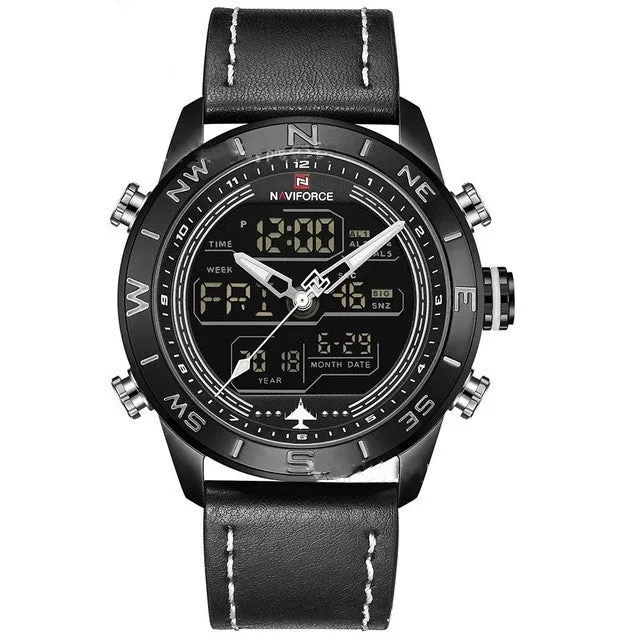 NAVIFORCE 9144 gold-tone men's analogue digital watch with leather strap on wrist showing dual time display