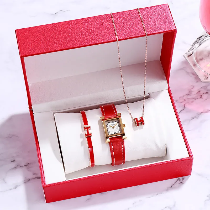 Women's quartz wrist watch with round alloy case, sapphire crystal glass, genuine leather strap, and onion crown