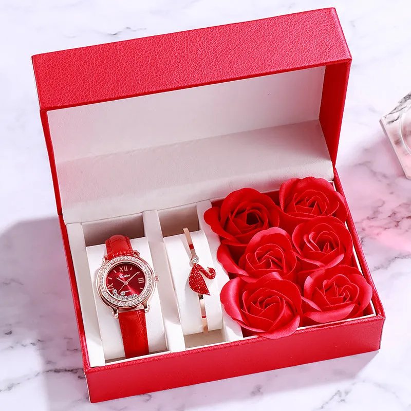 Women's quartz wrist watch with round alloy case, sapphire crystal glass, genuine leather strap, and onion crown