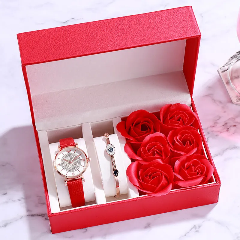 Women's quartz wrist watch with round alloy case, sapphire crystal glass, genuine leather strap, and onion crown
