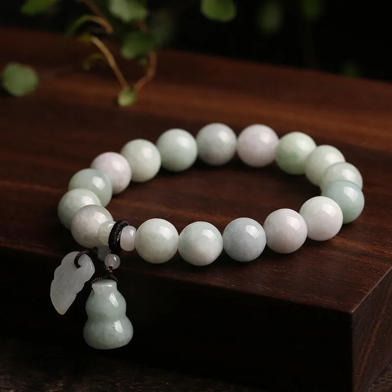Natural green jade bracelet with geometric pendant featuring Maitreya Buddha design for women.