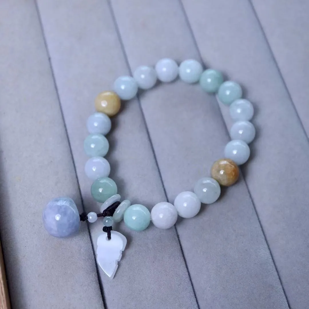 Natural green jade bracelet with geometric pendant featuring Maitreya Buddha design for women.
