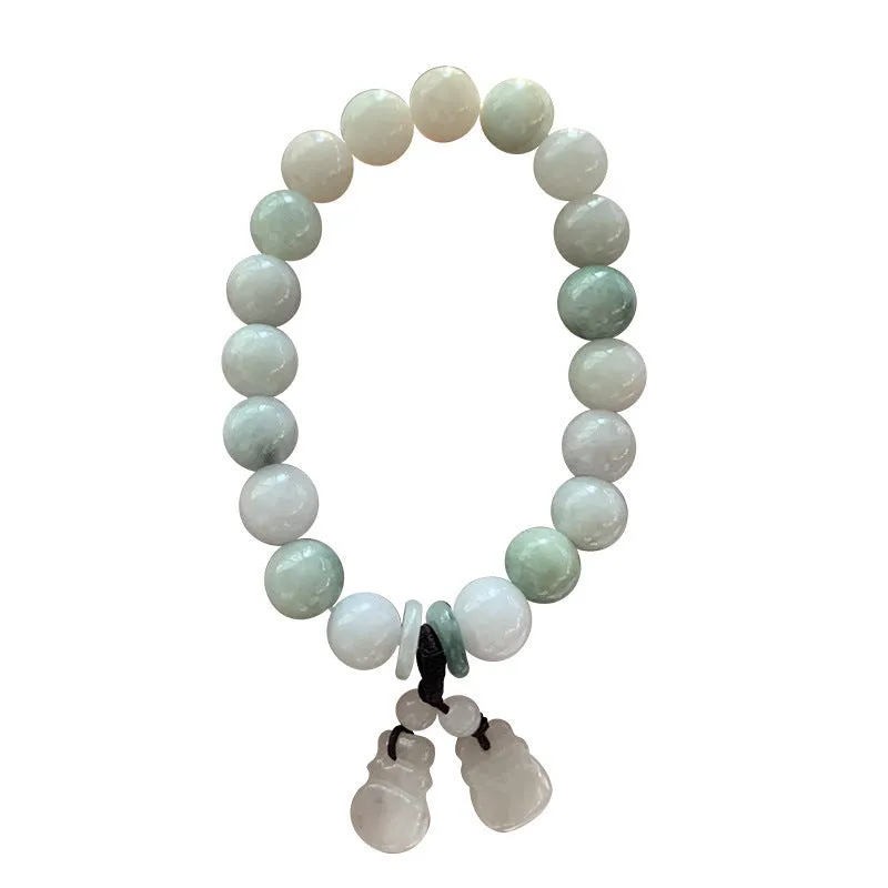 Natural green jade bracelet with geometric pendant featuring Maitreya Buddha design for women.