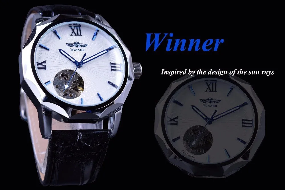 WINNER men's mechanical watch with round alloy dial and black strap showing world time function
