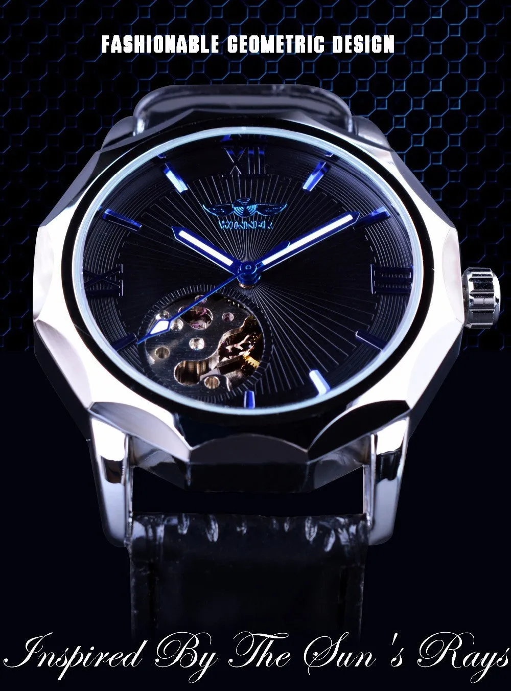 WINNER men's mechanical watch with round alloy dial and black strap showing world time function