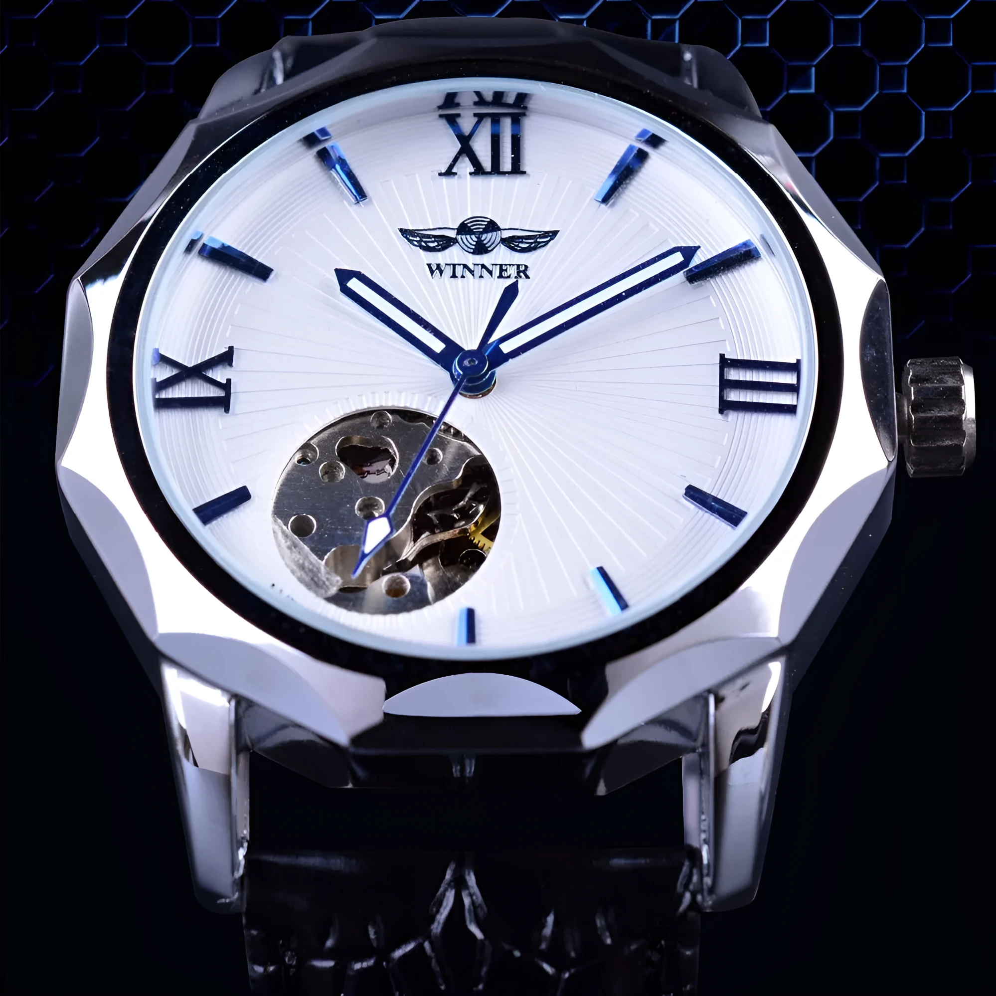WINNER men's mechanical watch with round alloy dial and black strap showing world time function