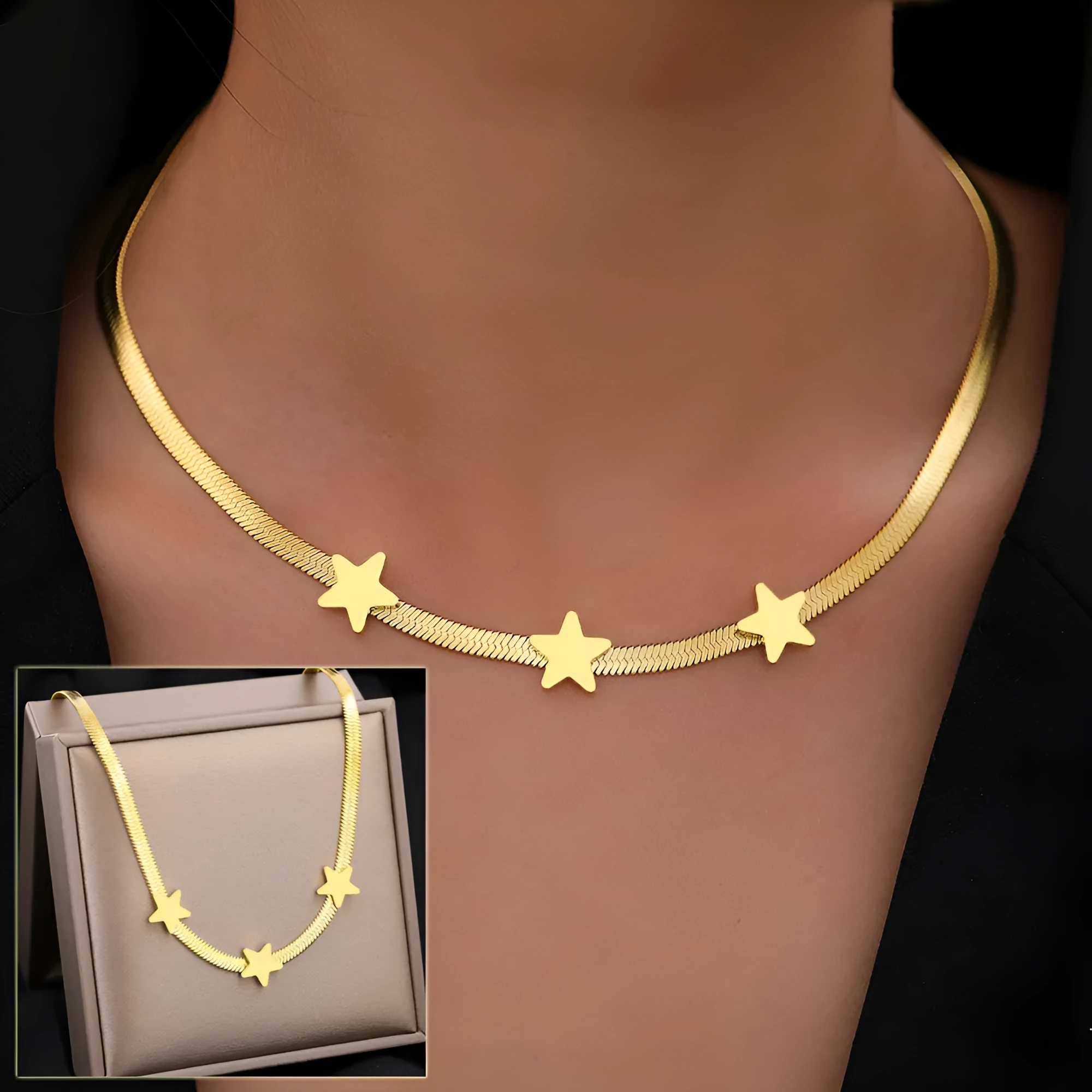 Gold titanium steel star pendant necklace on gothic snake chain with adjustable fit 41-50 cm