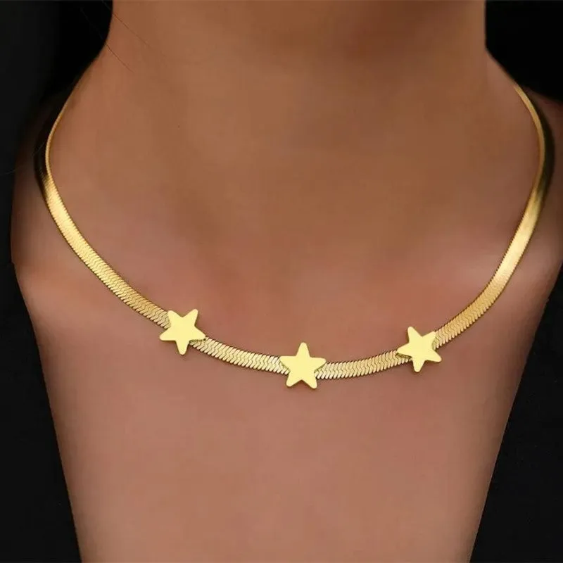 Gold titanium steel star pendant necklace on gothic snake chain with adjustable fit 41-50 cm