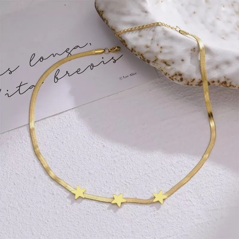 Gold titanium steel star pendant necklace on gothic snake chain with adjustable fit 41-50 cm