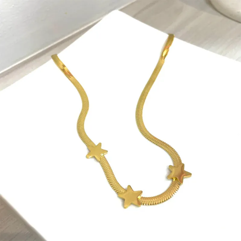 Gold titanium steel star pendant necklace on gothic snake chain with adjustable fit 41-50 cm