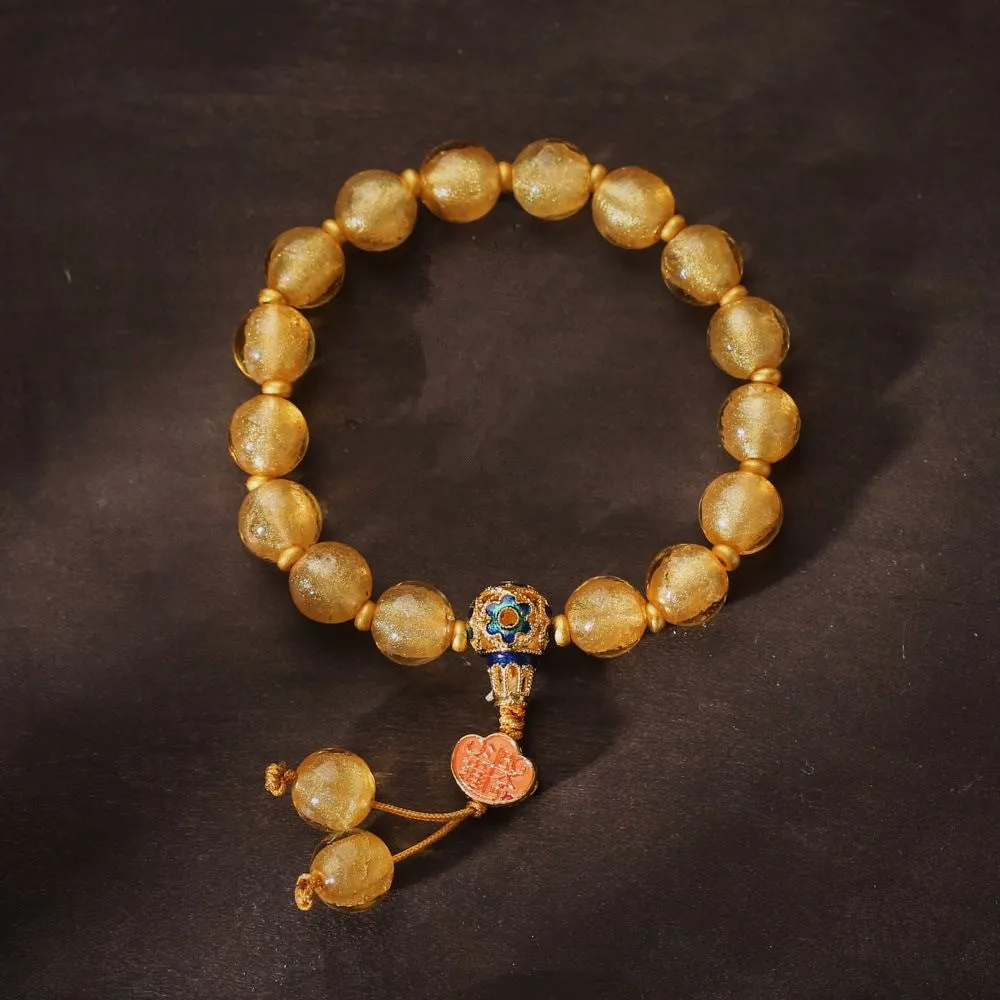 10mm natural stone beaded mixed stitching bracelet in gold foil colour with flower design