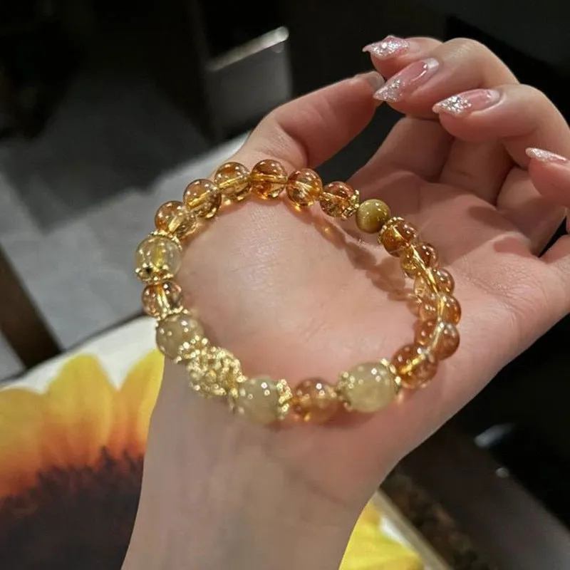 10mm natural stone beaded mixed stitching bracelet in gold foil colour with flower design