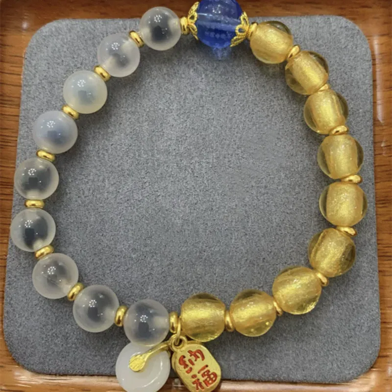 10mm natural stone beaded mixed stitching bracelet in gold foil colour with flower design