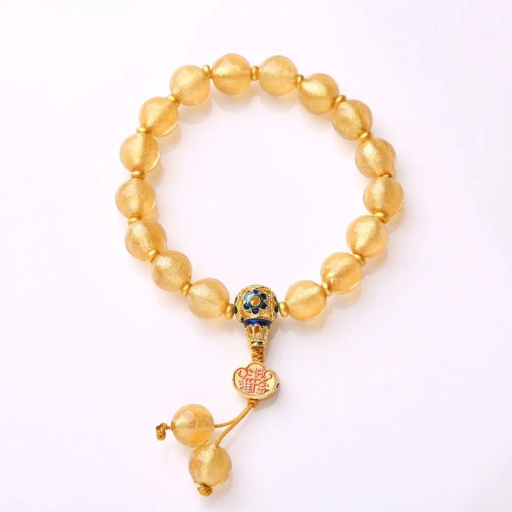 10mm natural stone beaded mixed stitching bracelet in gold foil colour with flower design
