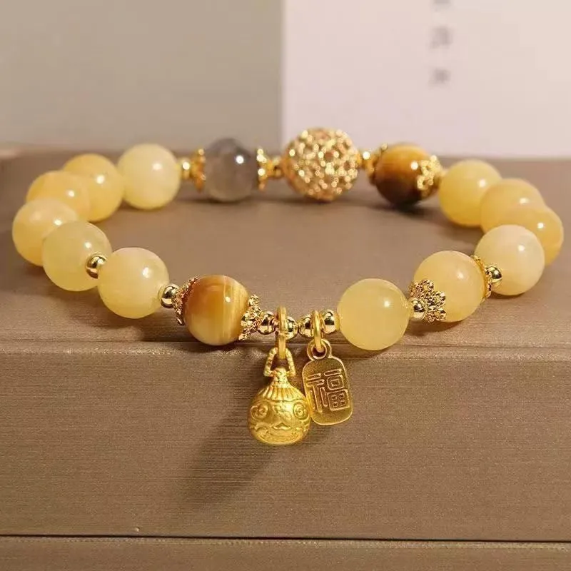 10mm natural stone beaded mixed stitching bracelet in gold foil colour with flower design