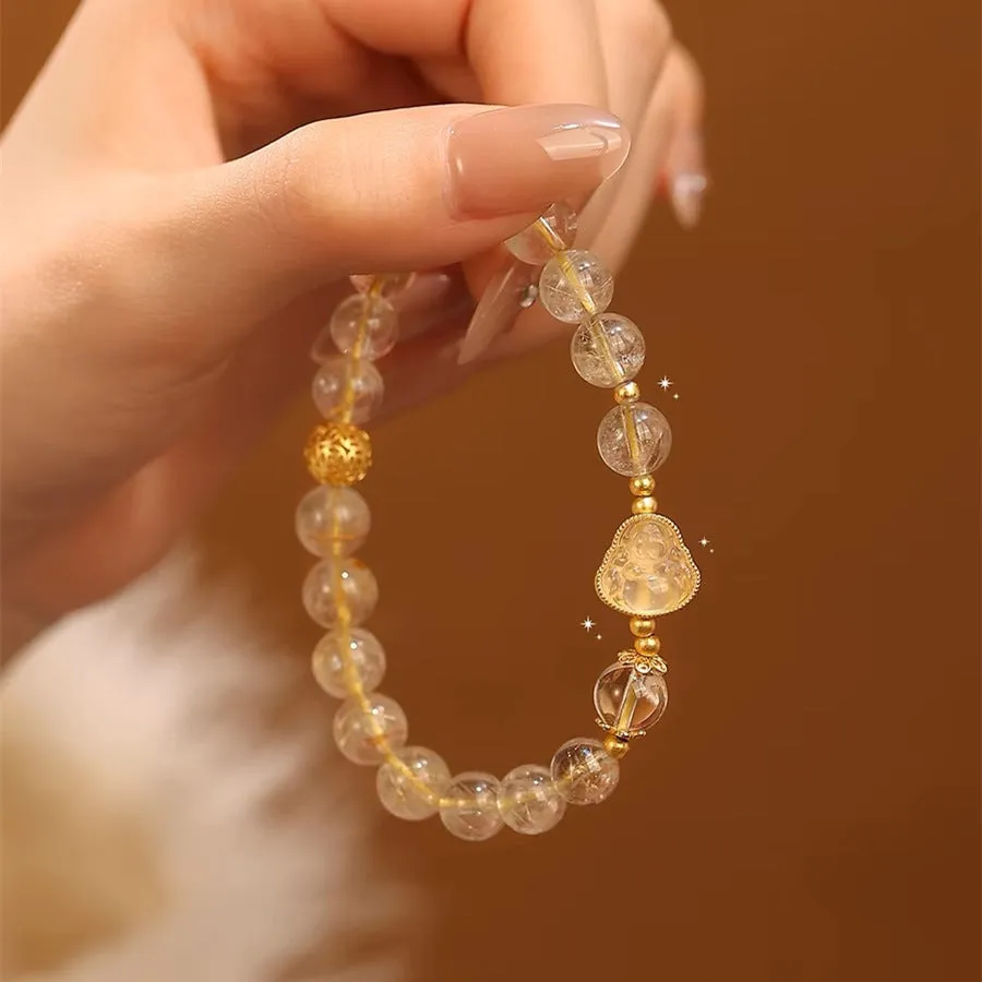 10mm natural stone beaded mixed stitching bracelet in gold foil colour with flower design