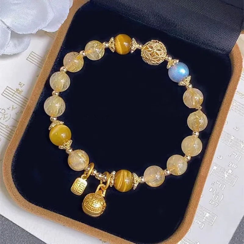 10mm natural stone beaded mixed stitching bracelet in gold foil colour with flower design