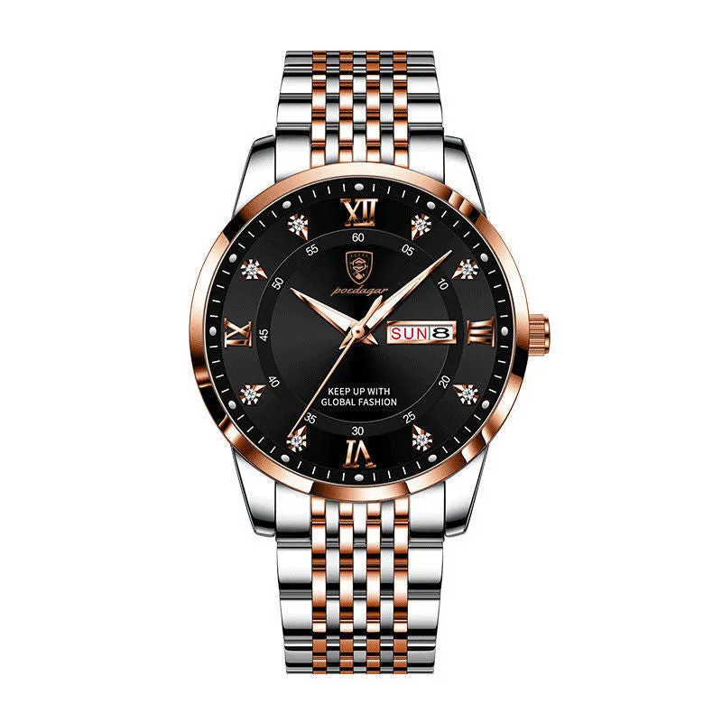 Men's quartz watch with 43mm round dial, sapphire crystal, stainless steel strap, blue face, luminous hands and calendar display