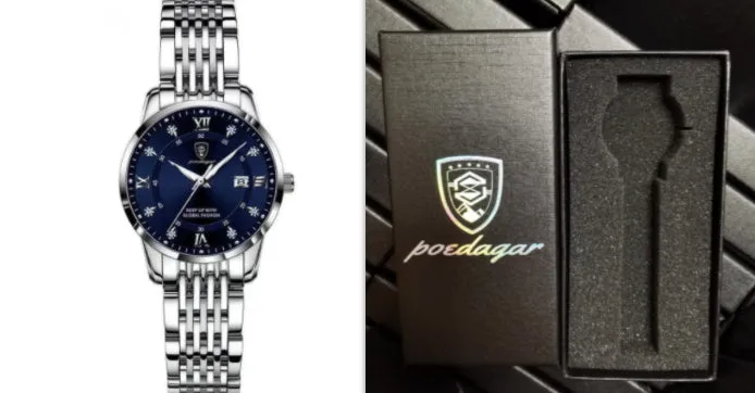 Men's quartz watch with 43mm round dial, sapphire crystal, stainless steel strap, blue face, luminous hands and calendar display