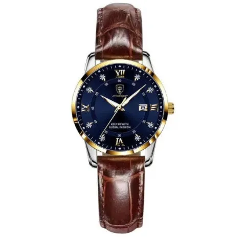 Men's quartz watch with 43mm round dial, sapphire crystal, stainless steel strap, blue face, luminous hands and calendar display