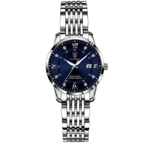Men's quartz watch with 43mm round dial, sapphire crystal, stainless steel strap, blue face, luminous hands and calendar display