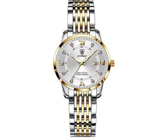 Men's quartz watch with 43mm round dial, sapphire crystal, stainless steel strap, blue face, luminous hands and calendar display