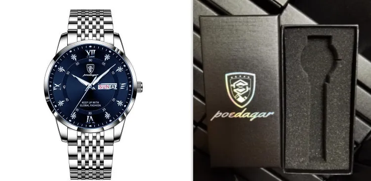 Men's quartz watch with 43mm round dial, sapphire crystal, stainless steel strap, blue face, luminous hands and calendar display
