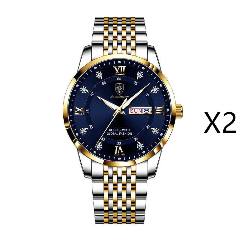 Men's quartz watch with 43mm round dial, sapphire crystal, stainless steel strap, blue face, luminous hands and calendar display