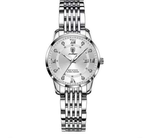 Men's quartz watch with 43mm round dial, sapphire crystal, stainless steel strap, blue face, luminous hands and calendar display
