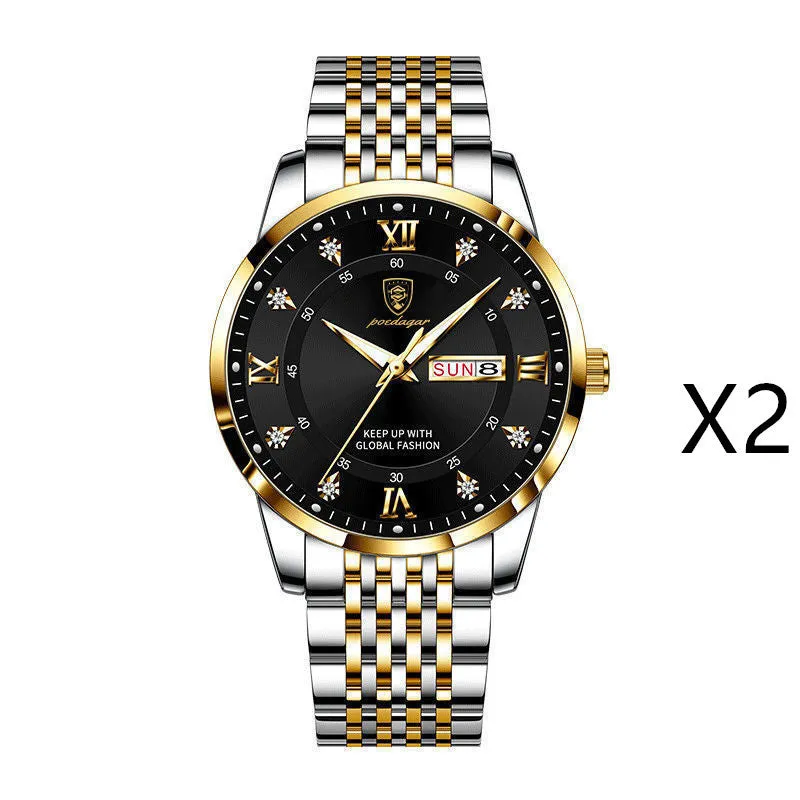 Men's quartz watch with 43mm round dial, sapphire crystal, stainless steel strap, blue face, luminous hands and calendar display