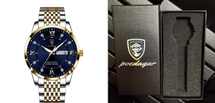 Men's quartz watch with 43mm round dial, sapphire crystal, stainless steel strap, blue face, luminous hands and calendar display