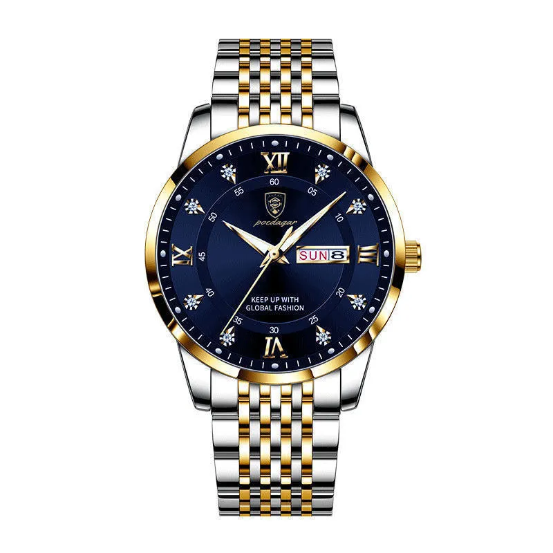 Men's quartz watch with 43mm round dial, sapphire crystal, stainless steel strap, blue face, luminous hands and calendar display