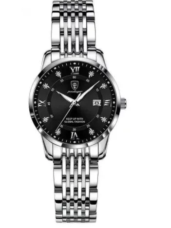 Men's quartz watch with 43mm round dial, sapphire crystal, stainless steel strap, blue face, luminous hands and calendar display