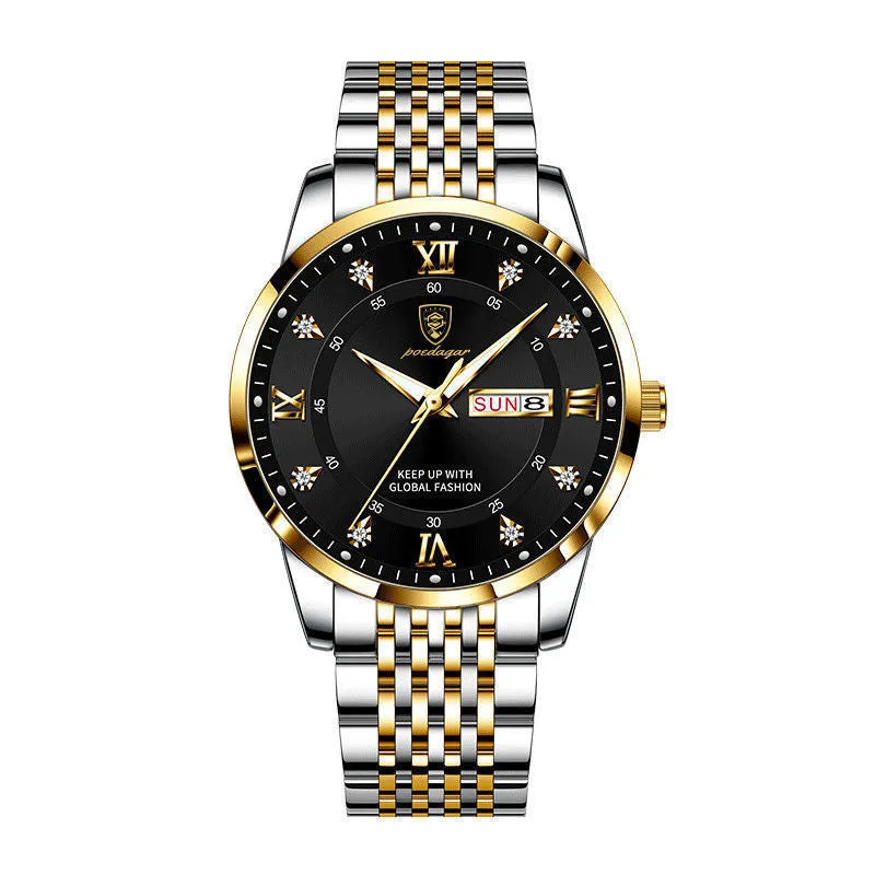 Men's quartz watch with 43mm round dial, sapphire crystal, stainless steel strap, blue face, luminous hands and calendar display