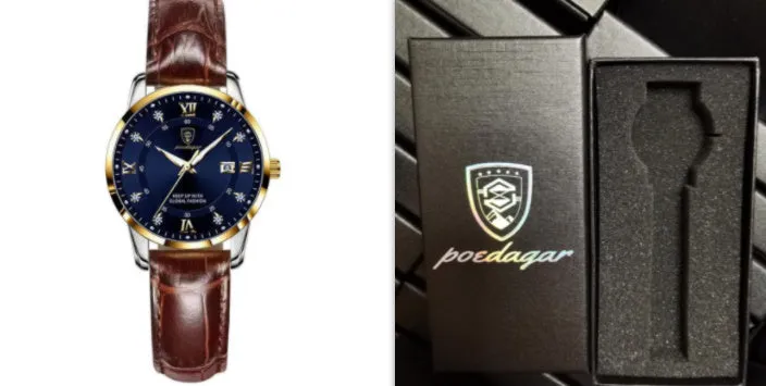 Men's quartz watch with 43mm round dial, sapphire crystal, stainless steel strap, blue face, luminous hands and calendar display